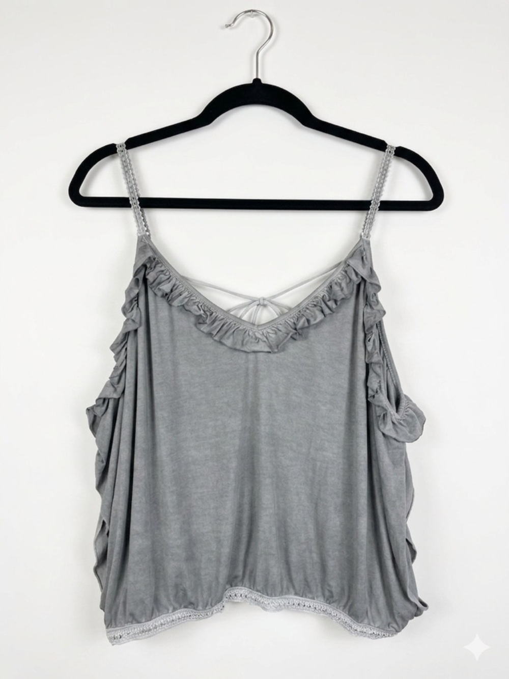 POL Grey Ruffle Lace Trim Boho Cropped Cami Strappy Back Small
